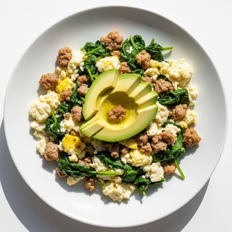 Scrambled Egg Whites with Turkey Sausage and Sautéed Spinach