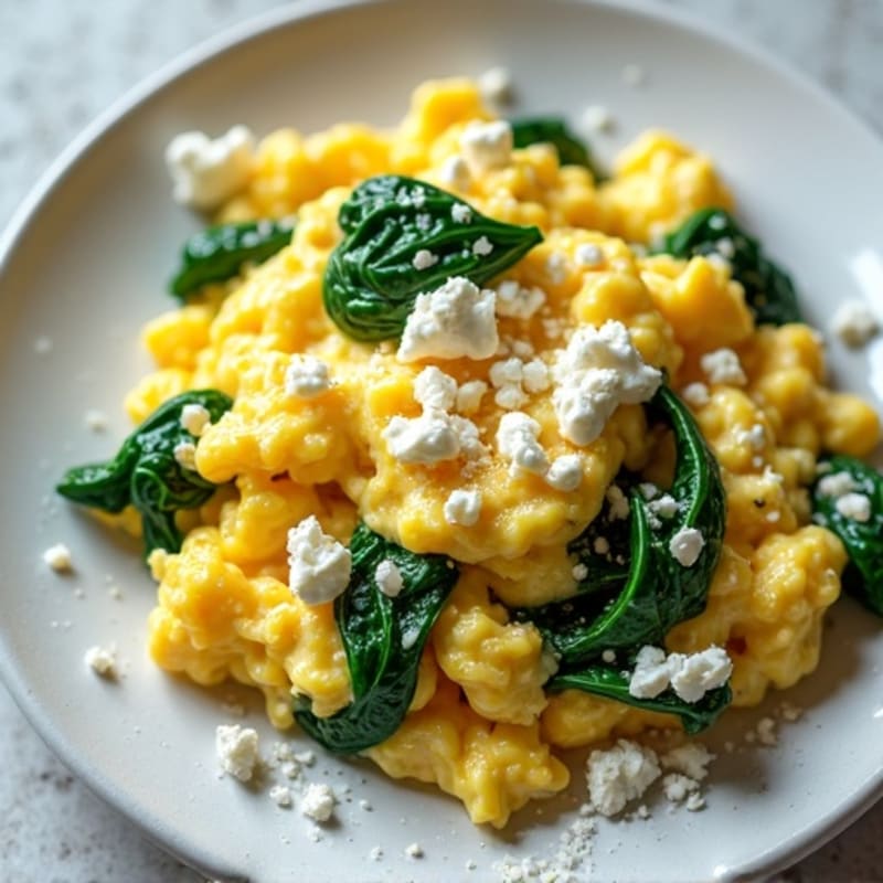 Creamy Scrambled Eggs with Sautéed Spinach and Feta