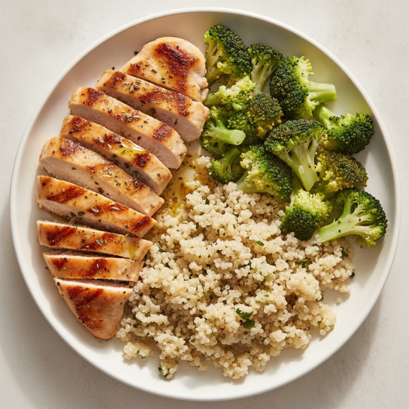 Grilled Chicken Breast with Steamed Broccoli and Quinoa
