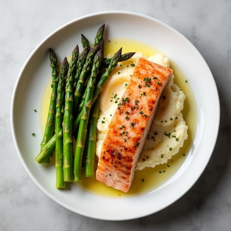 Seared Salmon with Steamed Asparagus and Cauliflower Mash