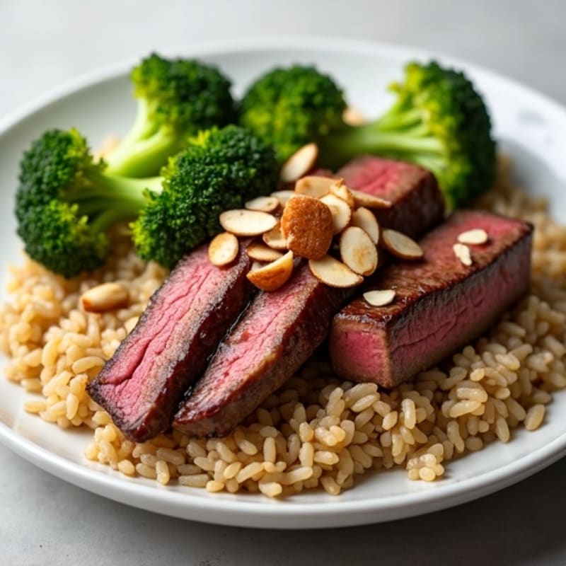 Seared Beef Strips with Brown Rice and Garlic Broccoli