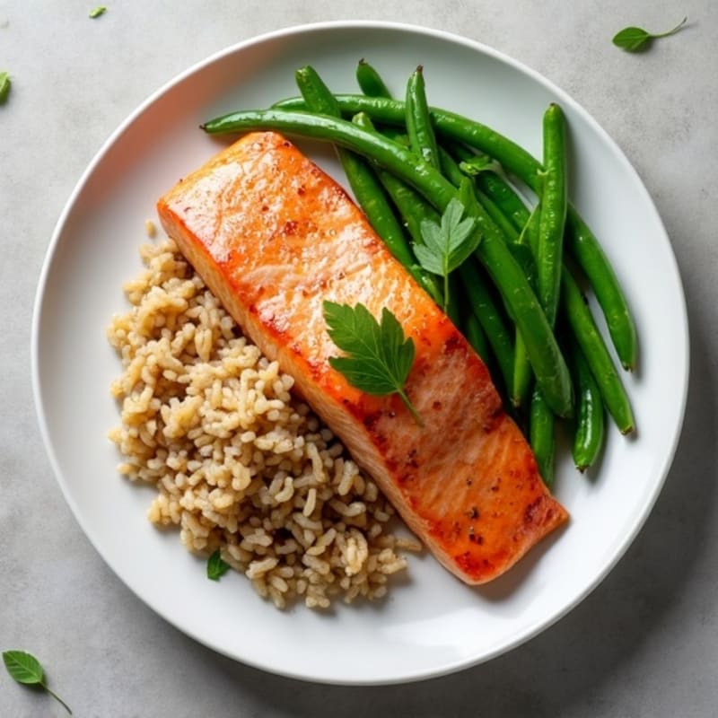Seared Salmon with Garlic Green Beans and Brown Rice