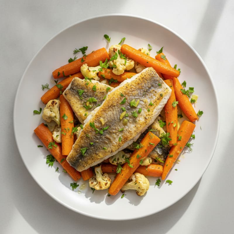 Herb-Baked Colin with Roasted Carrots and Cauliflower