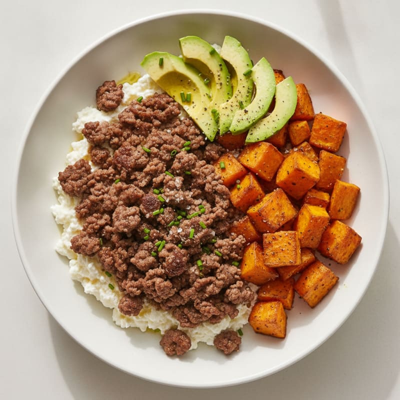 Ground Beef Sweet Potato Cottage Cheese Bowl