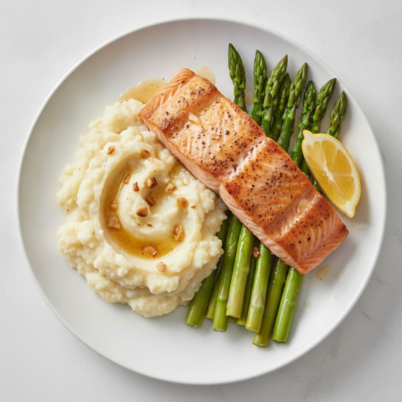 Seared Salmon with Steamed Asparagus and Garlic Mashed Cauliflower