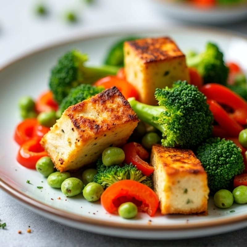 Crispy Baked Tofu with Roasted Broccoli and Bell Peppers