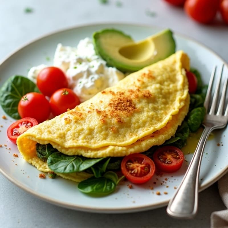 Egg White Spinach Omelette with Cottage Cheese, Cherry Tomatoes, Avocado & Olive Oil