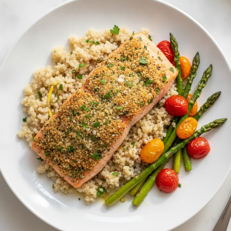Herb-Crusted Salmon with Quinoa and Roasted Asparagus