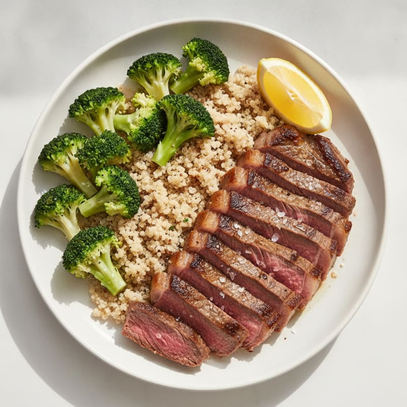 Seared Lean Beef with Steamed Broccoli and Quinoa