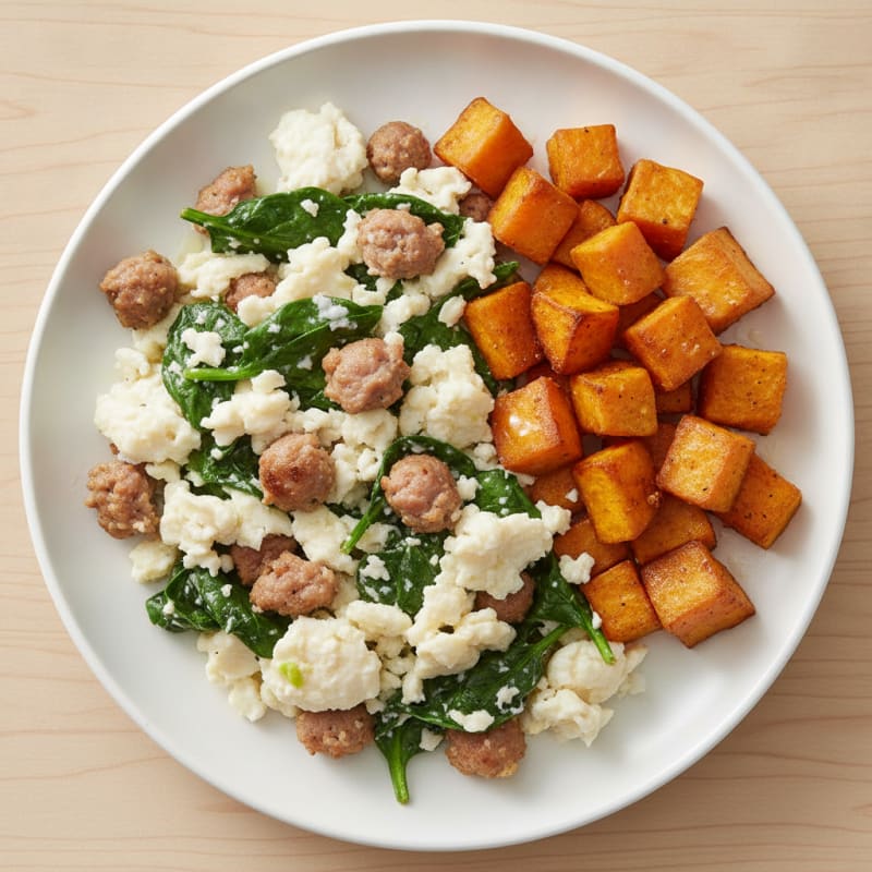 Egg White and Turkey Sausage Scramble with Spinach and Roasted Sweet Potato