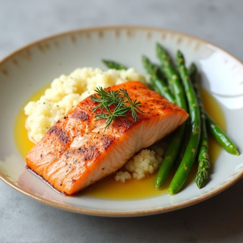 Seared Salmon Fillet with Steamed Asparagus and Garlic Mashed Cauliflower