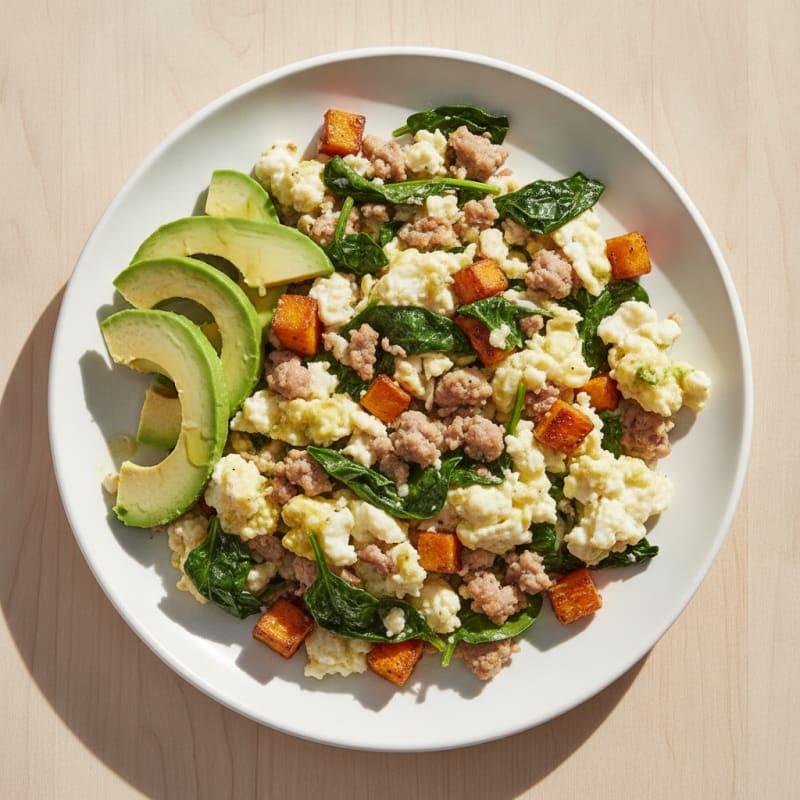 Egg White and Turkey Sausage Scramble with Sautéed Spinach