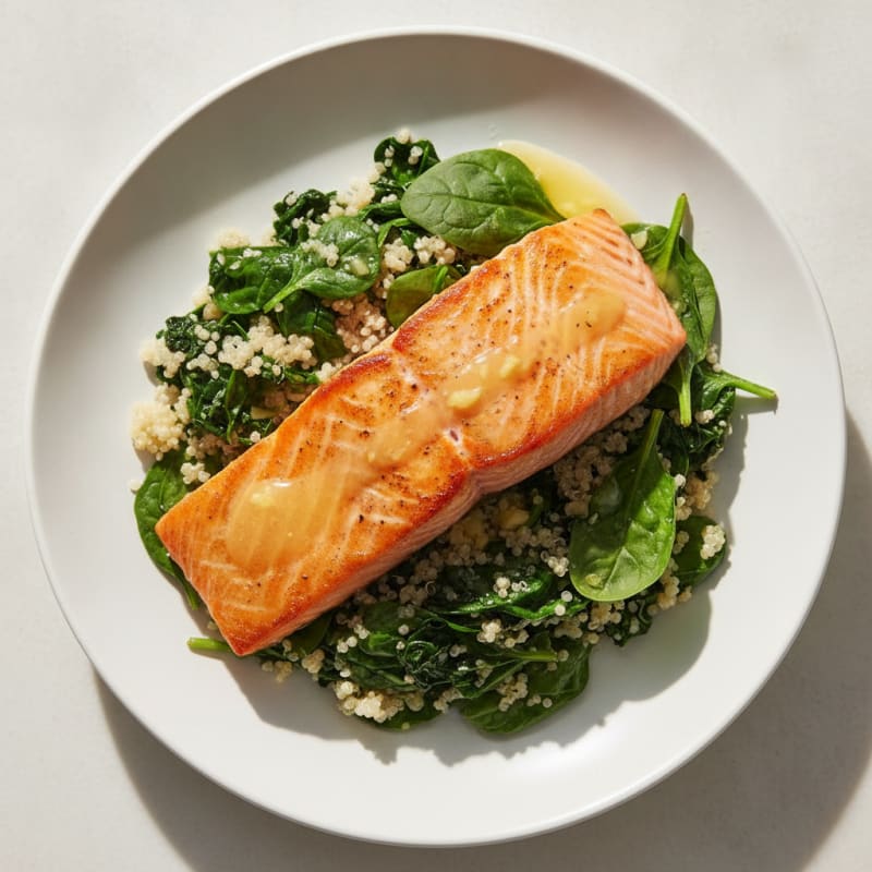 Seared Salmon with Quinoa and Sautéed Spinach