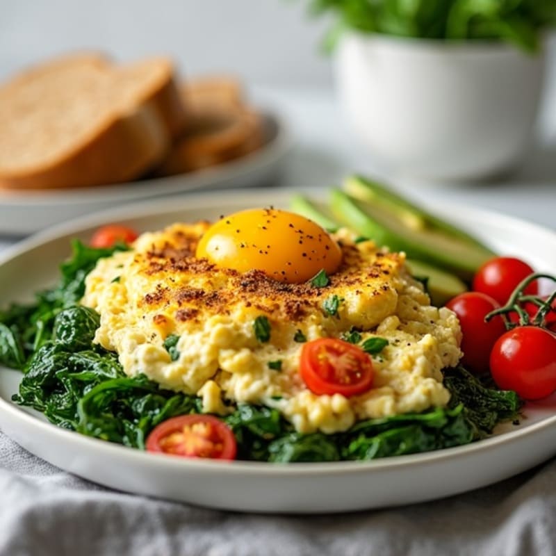 Cottage Cheese Egg White Scramble with Sautéed Spinach and Cherry Tomatoes