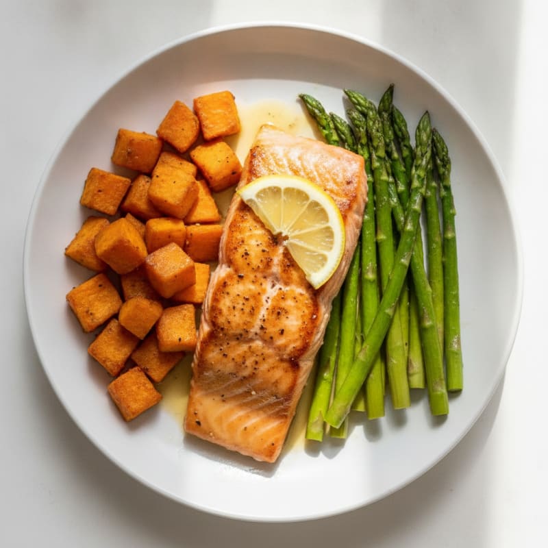 Seared Salmon with Roasted Sweet Potatoes and Asparagus