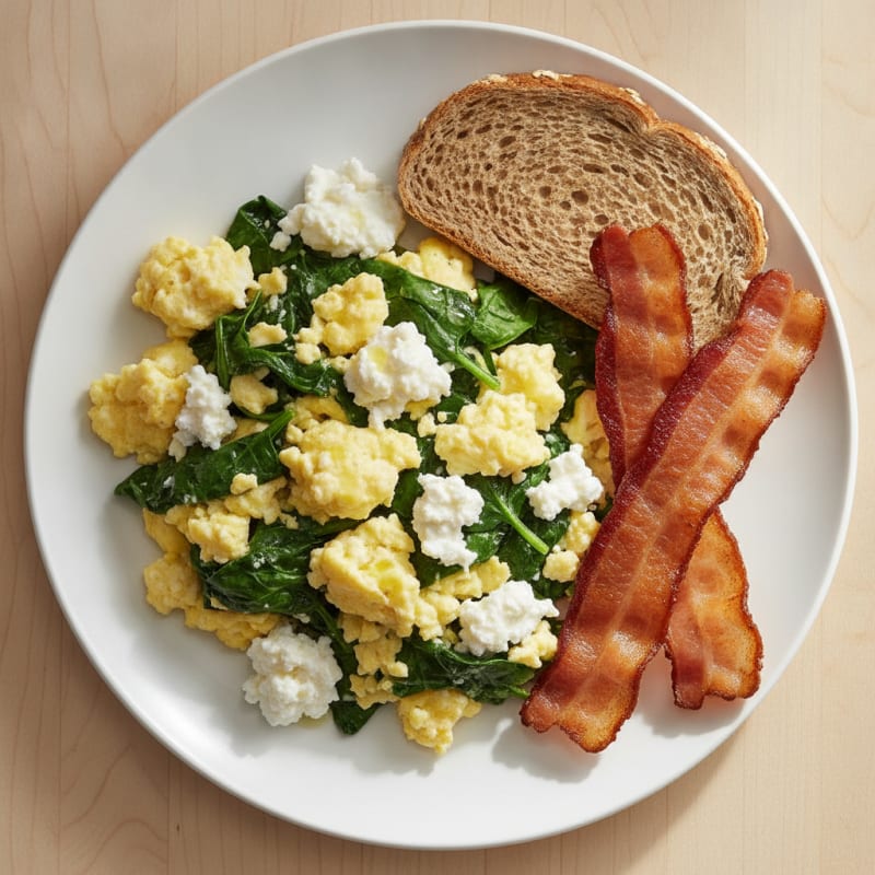 Cottage Cheese Scramble with Spinach and Turkey Bacon