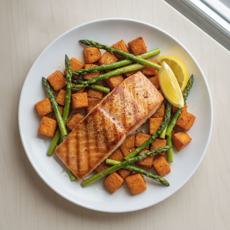 Seared Salmon with Roasted Sweet Potatoes and Asparagus