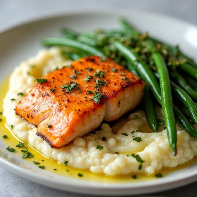 Seared Salmon with Garlic Green Beans and Cauliflower Mash