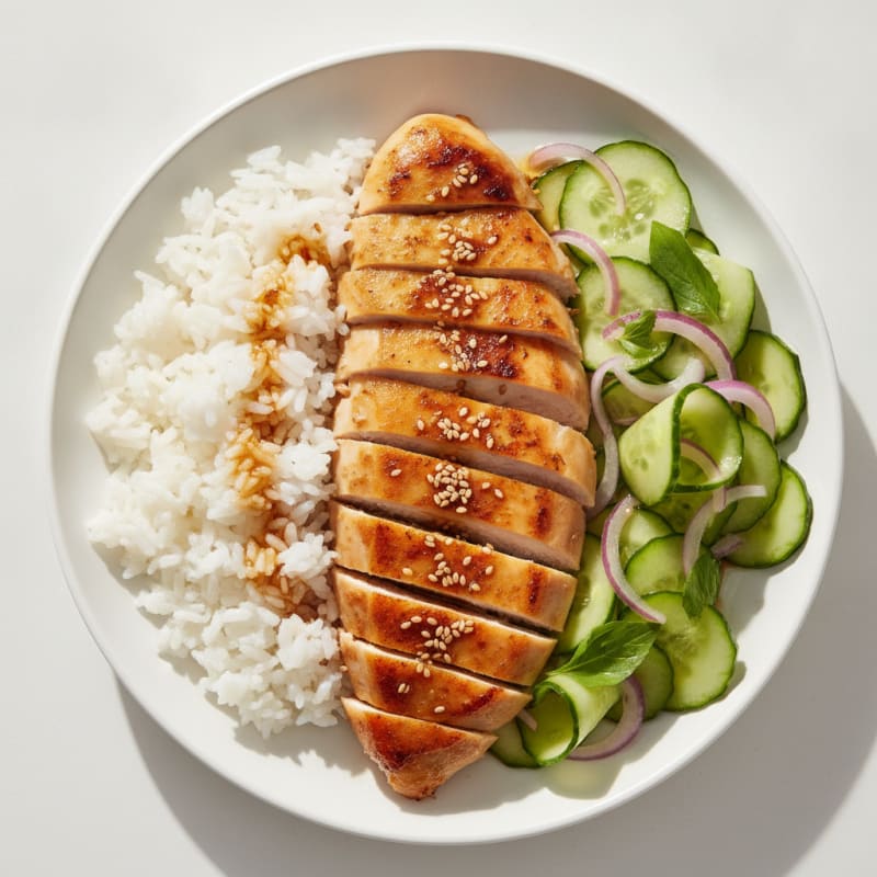 Seared Chicken with Steamed Rice and Crunchy Cucumber Slaw