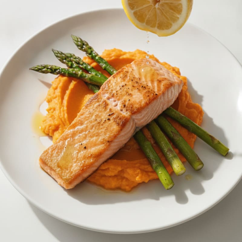 Seared Salmon Fillet with Roasted Asparagus and Sweet Potato Mash