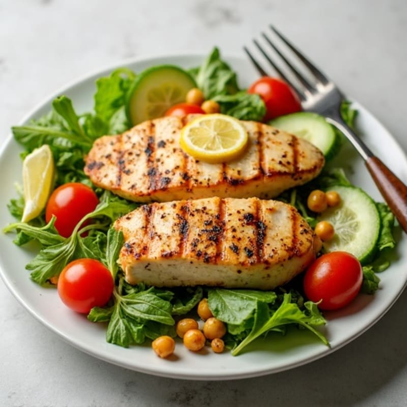 Lemon-Herb Grilled Chicken Salad with Fresh Vegetables, Crispy Chickpeas, and Tangy Lemon Vinaigrette