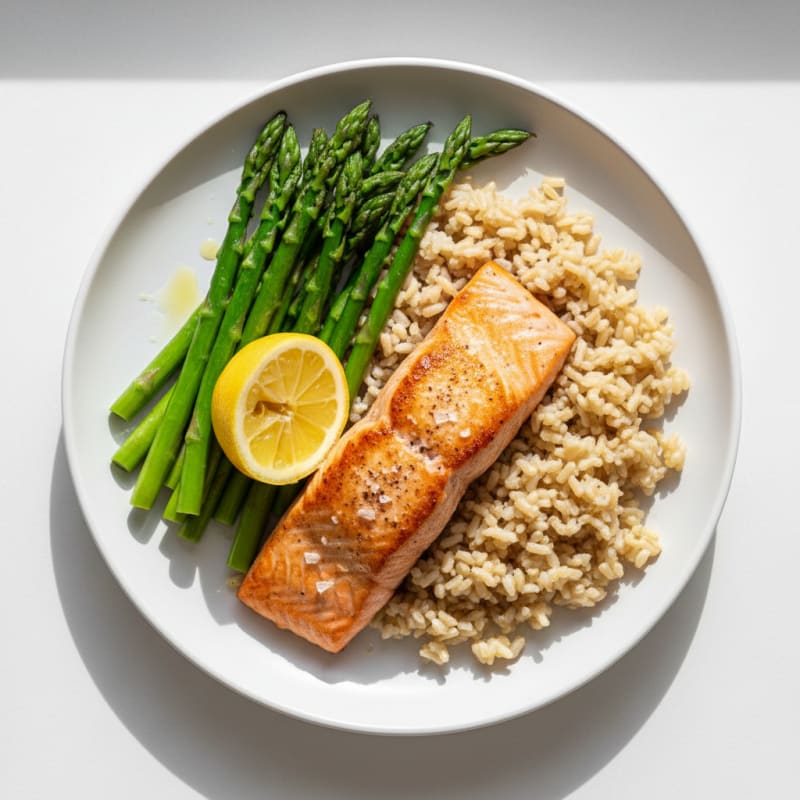 Seared Salmon with Steamed Asparagus and Brown Rice
