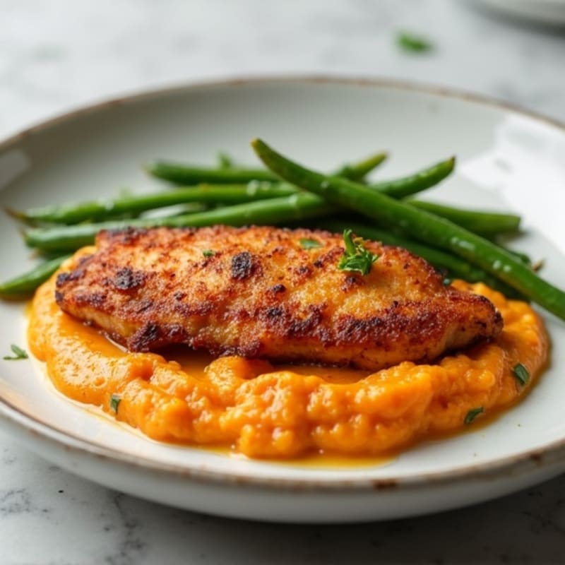Crispy Baked Chicken with Creamy Sweet Potato Puree and Garlicky Green Beans