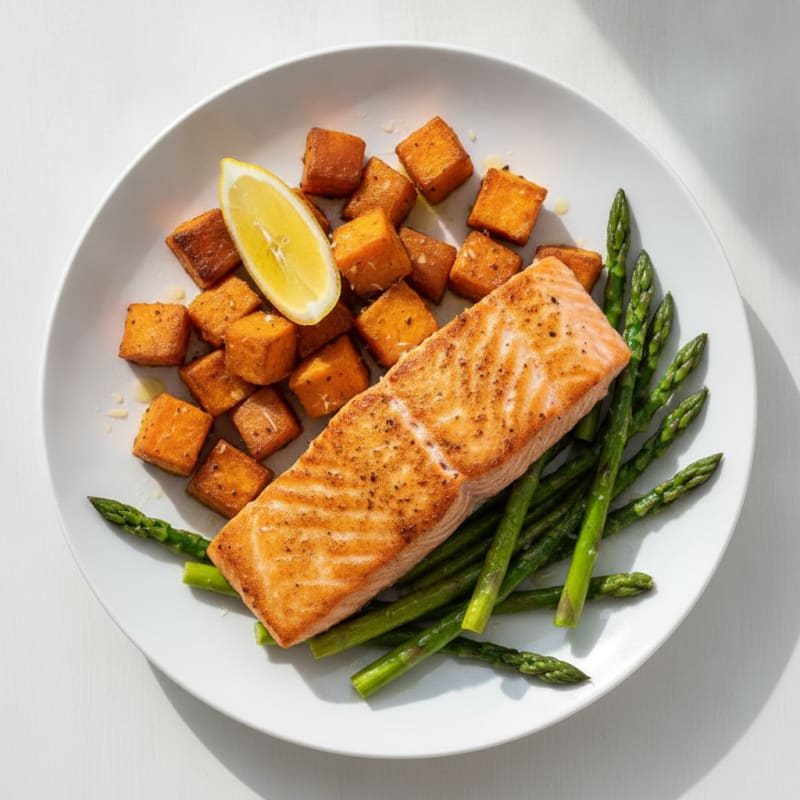 Pan-Seared Salmon with Roasted Sweet Potatoes and Asparagus