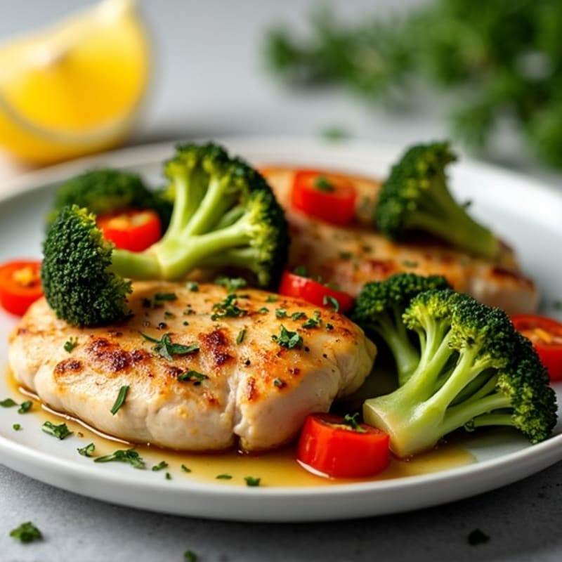 Lemon Herb Pan-Seared Chicken with Roasted Broccoli and Bell Peppers