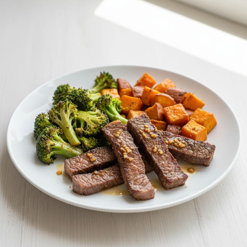 Seared Lean Beef Strips with Roasted Broccoli and Sweet Potato