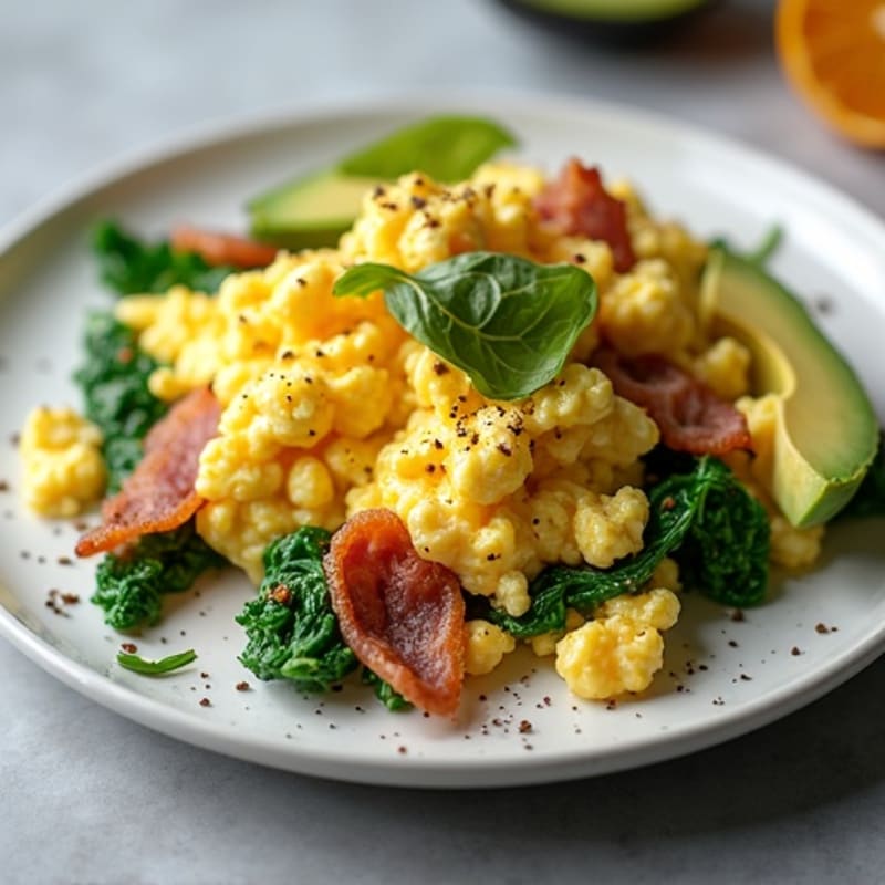 Cottage Cheese Egg Scramble with Spinach and Turkey Bacon