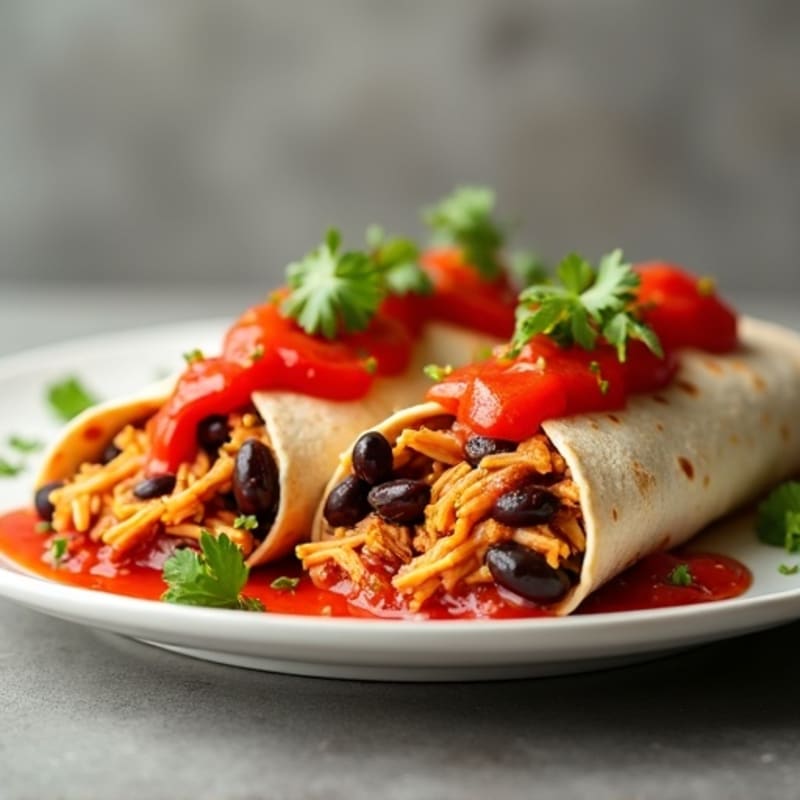 Shredded Chicken and Black Bean Baked Tortillas with Zesty Red Sauce