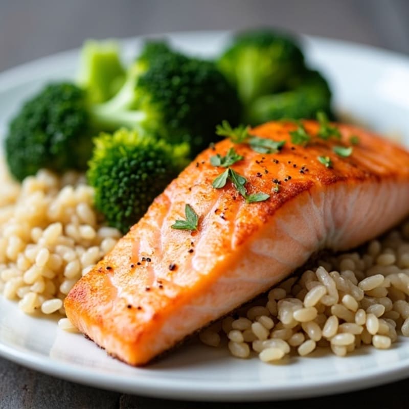 Seared Salmon with Steamed Broccoli and Brown Rice