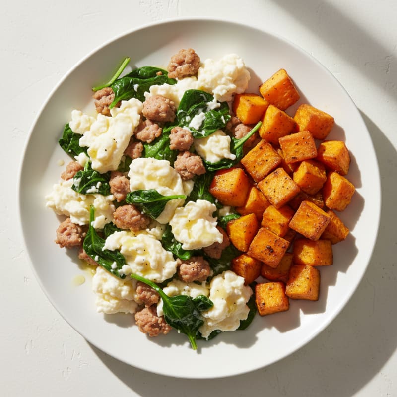 Egg White and Turkey Sausage Scramble with Spinach and Roasted Sweet Potato