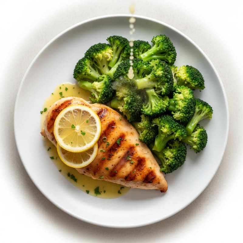 Grilled Chicken Breast with Steamed Broccoli and Lemon
