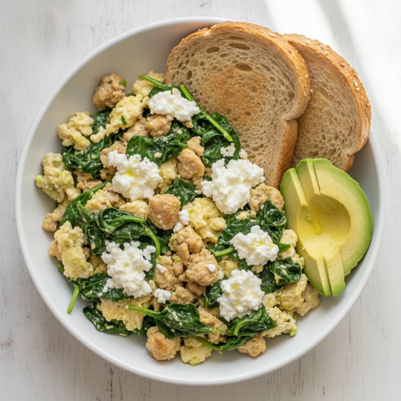 Egg White and Turkey Spinach Scramble with Cottage Cheese