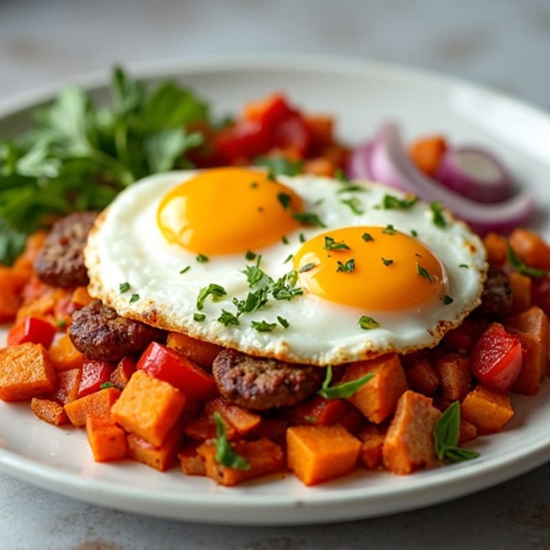 Crispy Sweet Potato and Turkey Sausage Hash with Baked Eggs