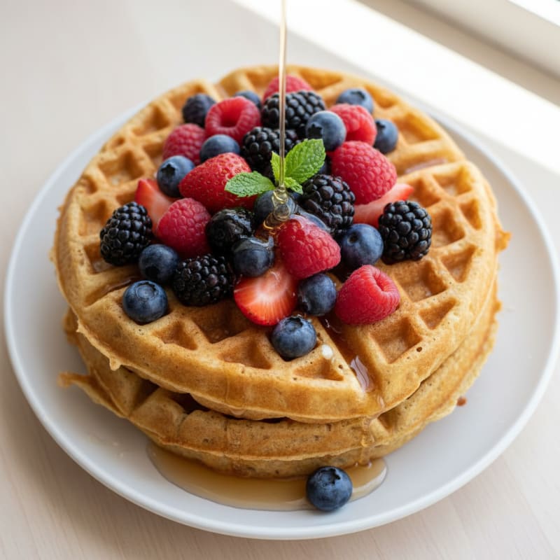 Fluffy Golden Protein Waffles with Berries