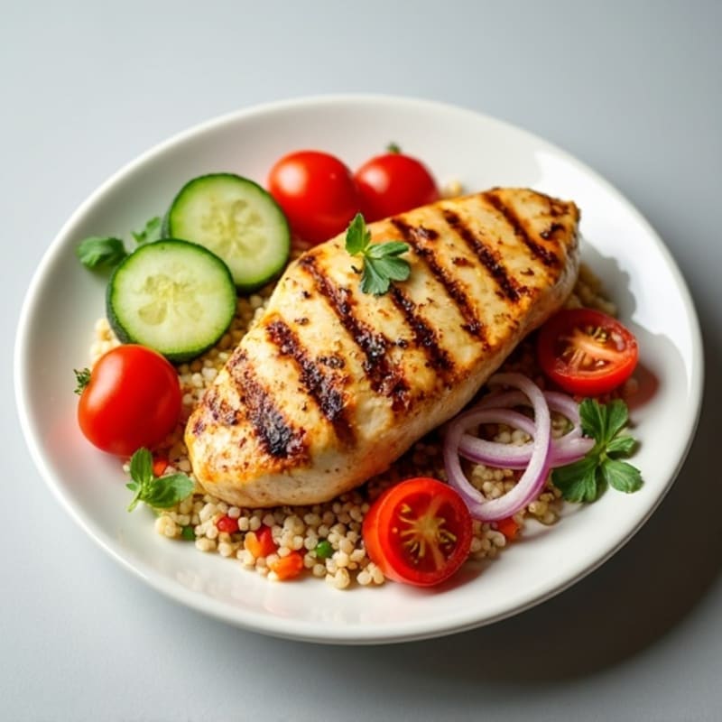 Grilled Chicken Breast and Quinoa Salad with Crunchy Vegetables