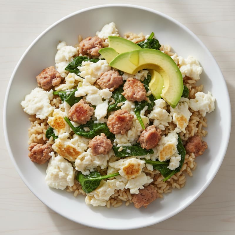 Egg White and Turkey Sausage Scramble with Spinach and Brown Rice