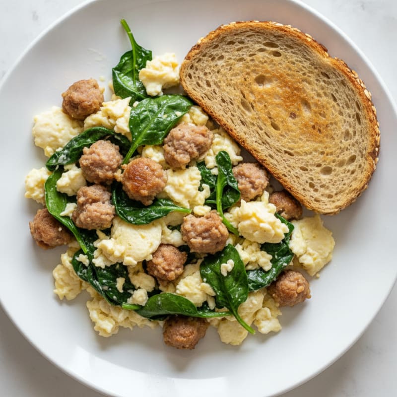 Scrambled Egg Whites with Turkey Sausage and Sautéed Spinach