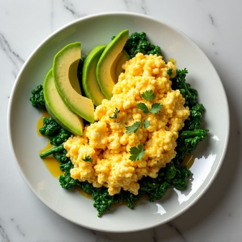 Fluffy Scrambled Eggs with Fresh Spinach and Creamy Avocado