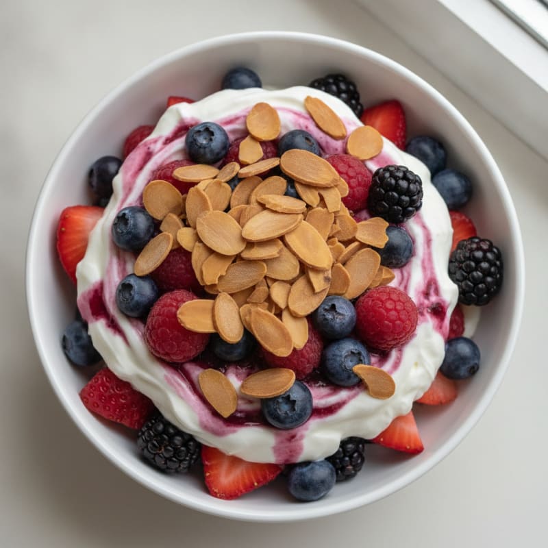 Greek Yogurt Protein Parfait with Mixed Berries and Almonds