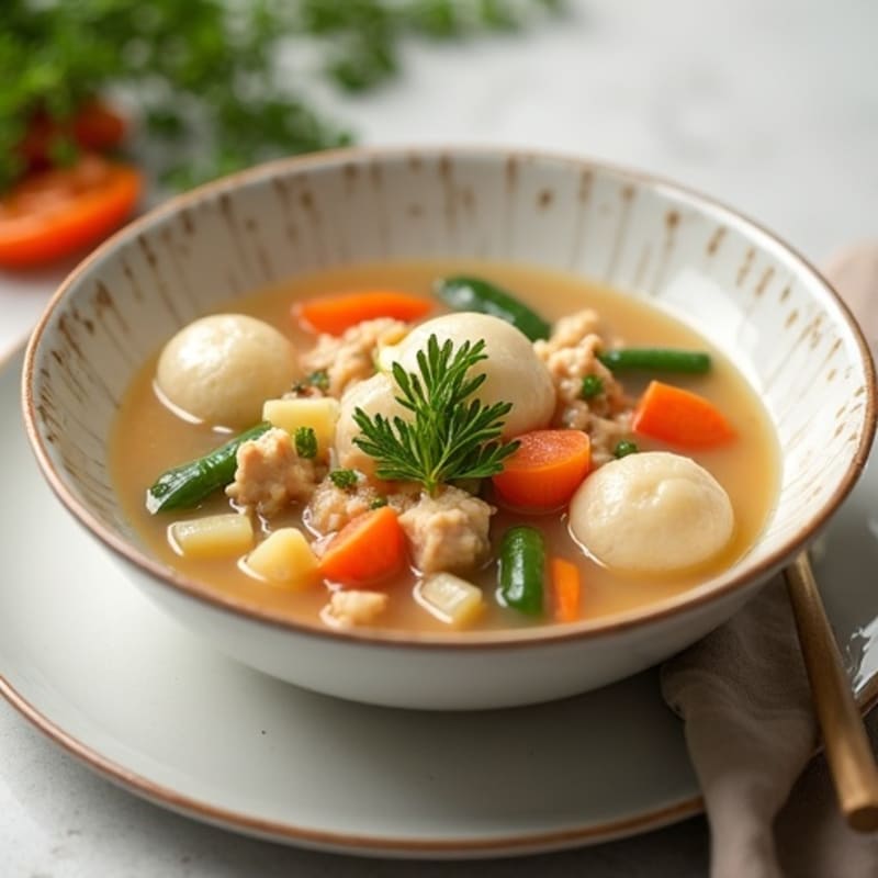 Hearty Creamy Chicken and Fluffy Dumplings with Garden Vegetables