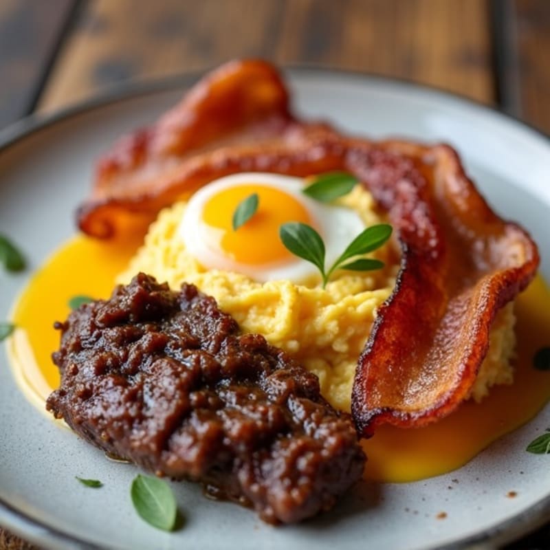 Crispy Beef Bacon with Soft-Scrambled Eggs and Sautéed Liver