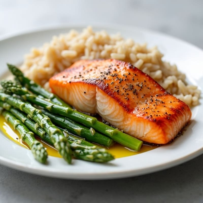 Seared Salmon with Steamed Asparagus and Brown Rice