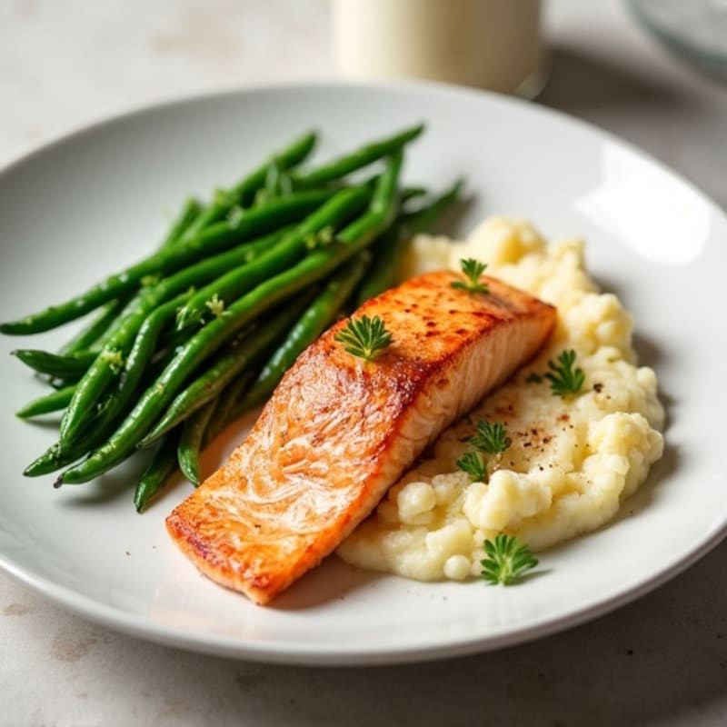 Seared Salmon with Steamed Green Beans and Cauliflower Mash
