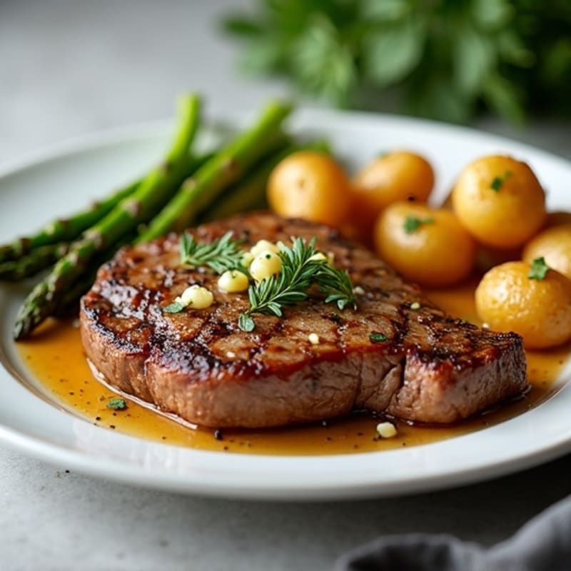 Tender Garlic Butter Steak with Crispy Roasted Potatoes and Asparagus