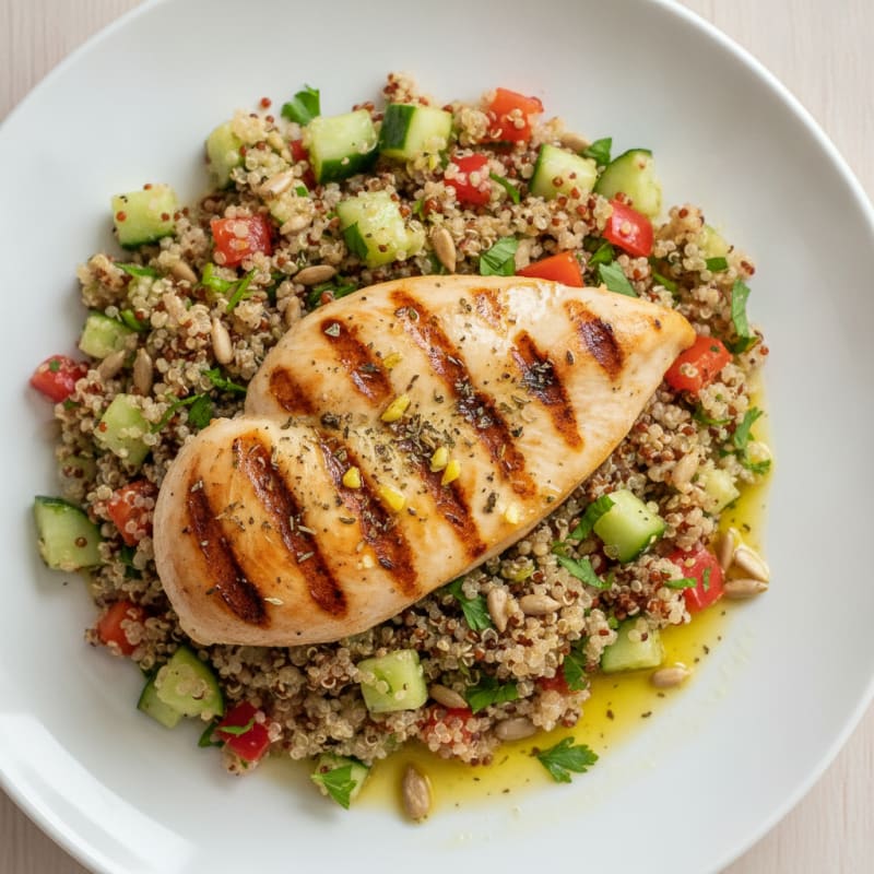 Grilled Chicken Breast with Crunchy Quinoa Salad and Lemon Vinaigrette