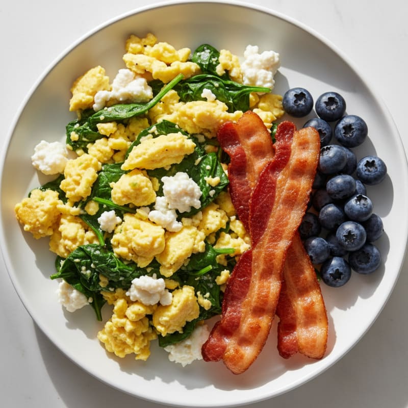 Cottage Cheese Egg Scramble with Spinach and Turkey Bacon